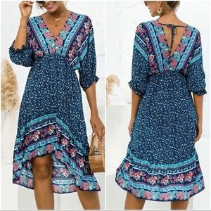 Navy Floral Paisley V-Neck Hi-Low Dress Size Large NWOT